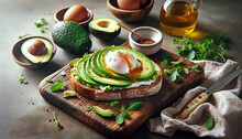 Slices Of Avocado On Whole Grain Bread, With A Poached Egg On Top