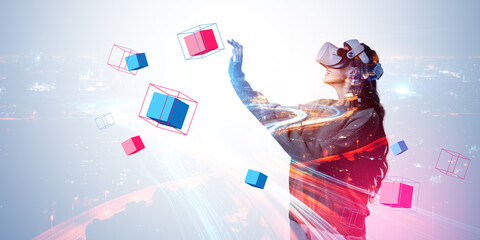 Poster - Woman in vr glasses, metaverse and city skyscrapers. Ai generative illustration