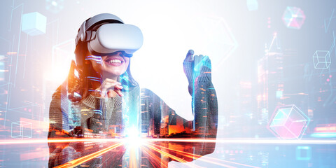 Poster - Woman in vr glasses, metaverse and skyscrapers. Ai generative illustration