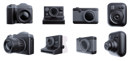Fototapete - Cartoon photo camera various view isolated on white background. Set reatistic elements. 3d illustration.