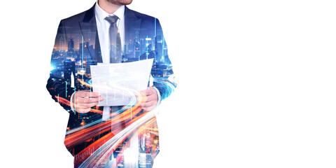 Poster - Businessman with papers and graph, copy space. Ai generative illustration