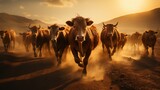 Fototapeta  -  a herd of cattle running down a dirt road in front of a mountain range with the sun shining on the mountains in the backgrould, with dust in the foreground.