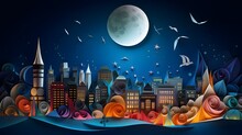 AI Generated Illustration Of Boston City Featuring A Night Cityscape With A Crescent Moon