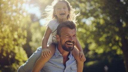 father, daughter on shoulders in park with smile and show hands up flying, airplane game or piggyback in nature on holiday