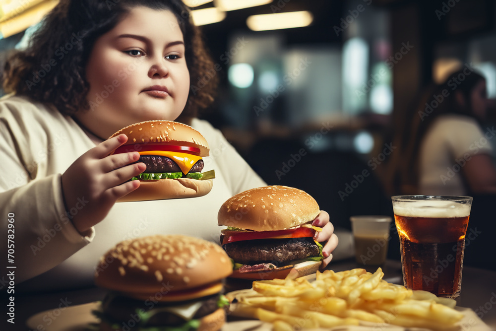 Fat Girl Eating Hamburger In Fast Food Restaurant A Girl With An Obese Fat Girl Eating Hamburger In Fast Food Restaurant A Girl With An Obese