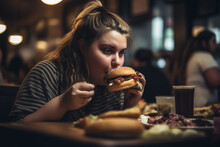 Fat Girl Eating Hamburger In Fast Food Restaurant. A Girl With An Obese Body Sits At Table With Bunch Of Hamburgers And Fast Food. Overweight Girl Eating Burger. Obesity, Weight Problems And Diabetes