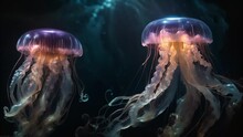 Glowing Jellyfish In Dark Water