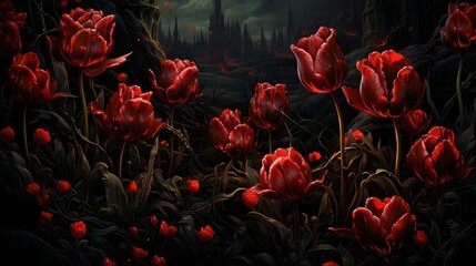 Fototapeta beautiful bloody red tulips in gothic style on black castle background, close-up.