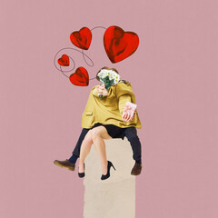 Wall Mural - Contemporary art collage. Beloved couple sitting together in one blazer and covering his faces with flowers. Concept of Happy Valentines day, relationship, manifestation of love and romantic. Ad