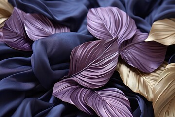 Wall Mural -  a bunch of purple and gold leaves laying on top of a blue and purple sheet of fabric with a gold leaf on top of the left side of the image.