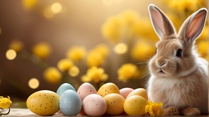 Wall Mural - cute bunny and easter eggs and yellow flowers on sunny bokeh background, copy space