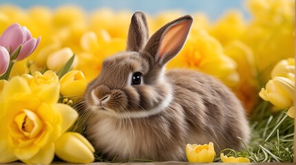 Wall Mural - cute bunny and easter eggs and yellow flowers on sunny bokeh background, copy space