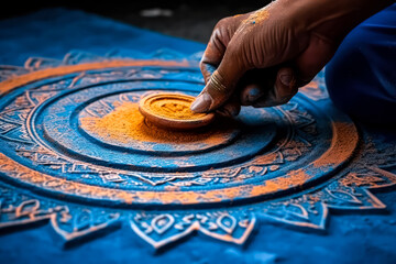 Serenity of Diwali girl lights glowing oil lamps, intricate floral mandala and enchanting bokeh create a serene backdrop for the vibrant celebration of the Diwali festival.