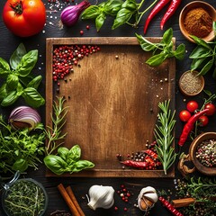 Wall Mural - Add flavor to veggies and herbs wooden chopboard backdrop for food, empty space, Generative AI.