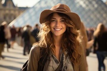 Canvas Print -  a woman wearing a brown hat standing in front of a building with a pyramid in the background and a crowd of people walking along the street in the foreground.