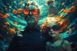 Portrait of a father and his daughter underwater in the sea, Father and daughters swimming underwater in the pool, AI Generated