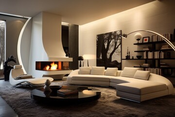 Sticker - Modern living room interior with fireplace and comfortable sofa. 3d render, Fabulous interior design of living room with modern furniture, AI Generated