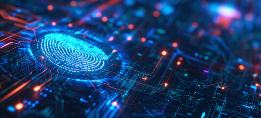 Cyber security system with fingerprint on neon background. Technology and security concept with copy space