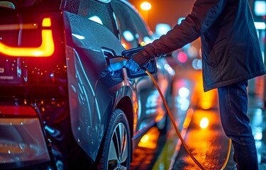 Wall Mural - A man plugging in an electric car charging wire from a charging station. Charging an Electric Vehicle