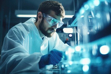 Poster - young male scientist working in the laboratory. science and technology concept, female researcher in