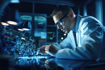 Poster - scientist working with reagents in laboratory, science research and development concept, female rese