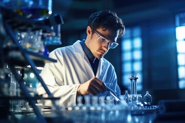 Poster - young scientist working on a computer in a dark laboratory. science and technology concept, female r
