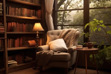 Canvas Print - Cozy home interior with armchair, bookshelf and coffee cup, Escape to a bookworm's paradise with a cozy reading corner, complete with an armchair, a table piled with books, and, AI Generated