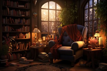 Wall Mural - Interior of a cozy room with armchair and bookshelf. 3D rendering, Escape to a bookworm's paradise with a cozy reading corner, complete with an armchair, a table, AI Generated