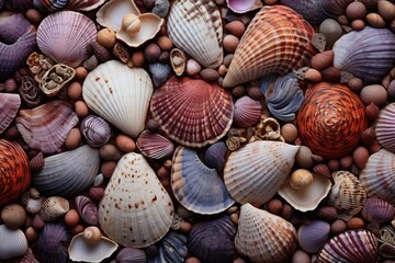 Poster - Variety of seashells and pebbles background, top view, Experience rich textures with macro photography, showcasing intricate patterns of bark, fabric, and seashells, AI Generated