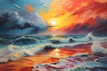 Wall Mural - Oil painting with brush strokes and texture. Sunset over the sea.