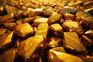 Wall Mural -  a pile of shiny gold cubes sitting on top of a pile of other shiny gold cubes in the middle of a room with a yellow light shining on the floor.