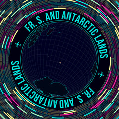 Poster - TAAF on globe. Satellite view of the world centered on TAAF. Bright neon style. Futuristic radial bricks background. Astonishing vector illustration.