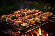 Grilled meat and vegetables on barbecue grill. Shish kebab, Evening barbecue party with grilled meat and vegetables, AI Generated