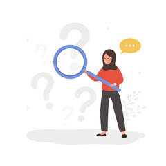 Wall Mural - faq concept. arab woman with magnifying glass search for answers. customer support and online help s