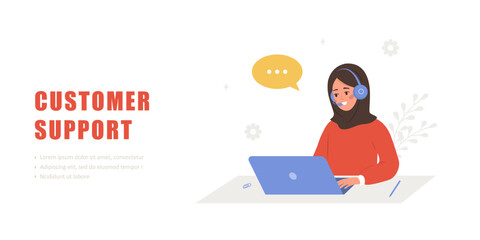 Wall Mural - customer support concept. call center or hotline. arabian woman with headphones and microphone with 