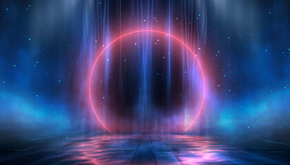 Wall Mural - dark night scene. dark abstract background, neon circle, tree.