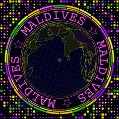 Poster - Futuristic Maldives on globe. Bright neon satellite view of the world centered on Maldives. Geographical illustration with shape of country and geometric background. Stylish vector illustration.