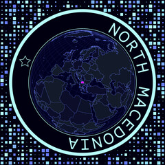 Fototapete - Macedonia on globe vector. Futuristic satelite view of the world centered to Macedonia. Geographical illustration with shape of country and squares background. Bright neon colors on dark background.