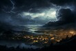 Illustration of massive storm approaching tiny town. Generative AI