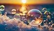 soap bubbles into the sunset with beautiful bokeh close up