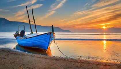 Canvas Print - blue fishing boat at sunrise