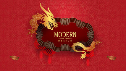Wall Mural - Chinese New Year. Isolated frame with dragon on a textured red background.