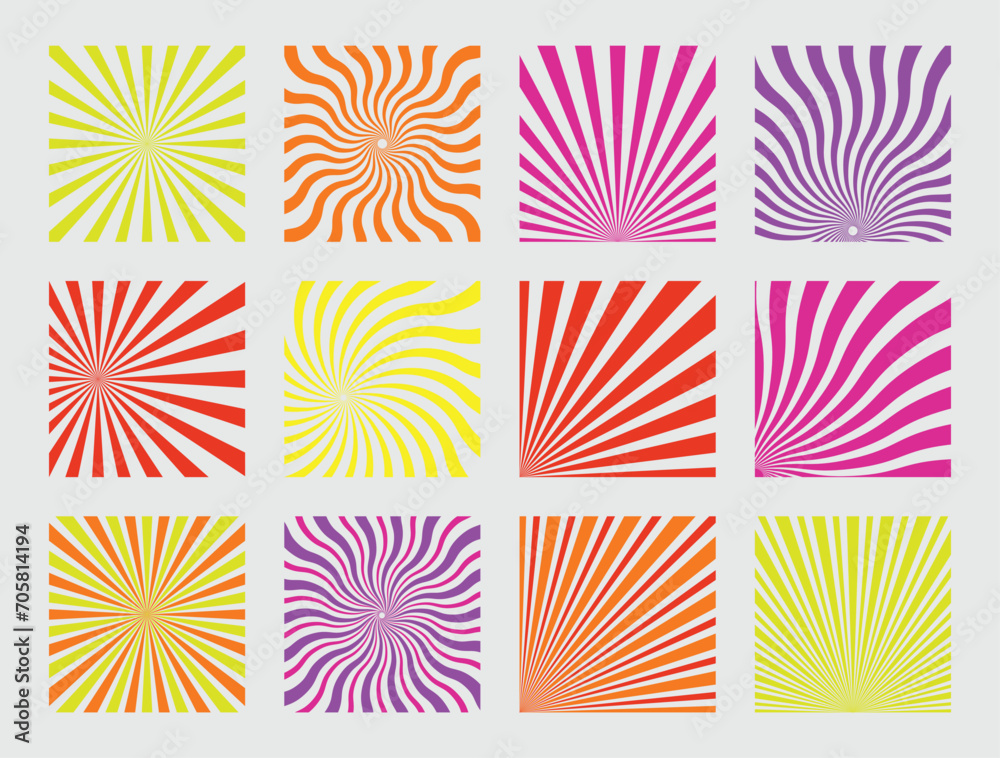 Sun Ray Pattern Design Set of Retro Sunburst Pattern Background Illustration, Radial Sun Rays ...