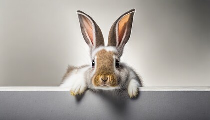 Wall Mural - rabbit looking over a signboard on white background