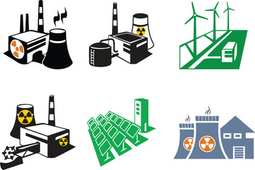 Nuclear radioactive power station icons. Danger sign on Nuclear Power Stations. Wind or mill energy, solar power icon as alternate energy source.