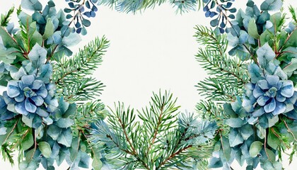 Wall Mural - christmas watercolor square floral frame winter border for greeting card invitation hand drawn style botanical on white background juniperus fir tree and eucalyptus branches