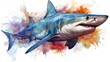 Watercolor painting illustration of colorful Shark on white background. Generative AI