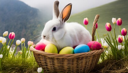 Wall Mural - easter bunny rabbit in basket with colorful eggs