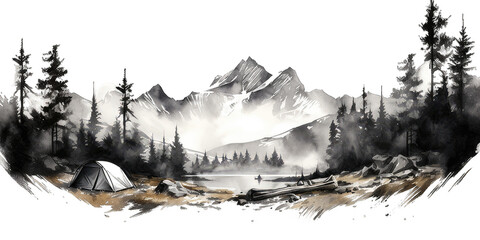 Wall Mural - Black and white watercolor painting of a tent view under the mountains isolated on transparent background. Watercolor camping hand drawn 