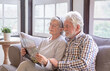 © luciano - Serene white-haired senior couple sitting on the sofa in the living room reading travel information on a brochure enjoying free time together. Concept of older generation and retirement lifestyle